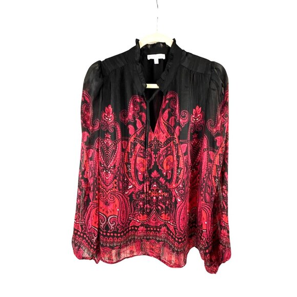 Maison d' Amelie Red & Black Long Sleeve Paisley Blouse Size M Feminine Evening - Picture 1 of 8